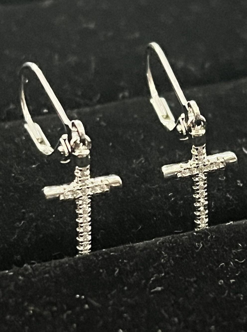 Sterling Silver 925 Italy CZ Textured Cross Dangle Leverback Earrings Christian